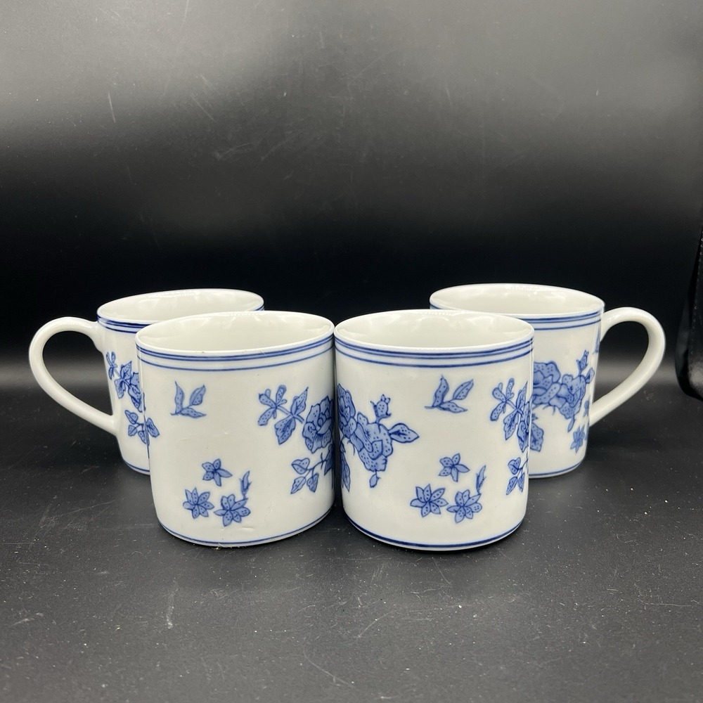 Set of 4 VTG April Cornell Cobalt Blue Floral on White Mug Coffee Tea RN 77578